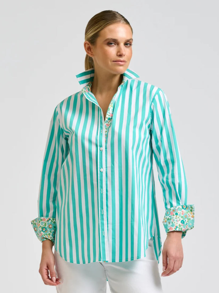 Elodie Shirt - Marine Stripe w Floral Trim