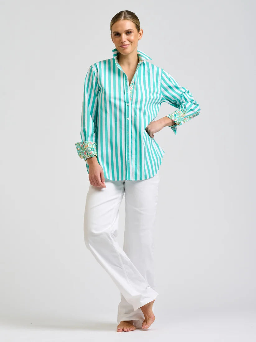 Elodie Shirt - Marine Stripe w Floral Trim