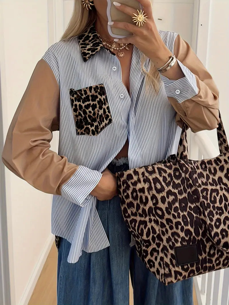 Striped Leopard Print Contrast Button-Up Shirt