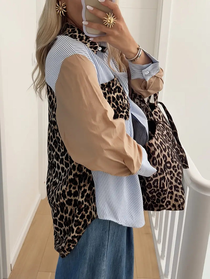 Striped Leopard Print Contrast Button-Up Shirt