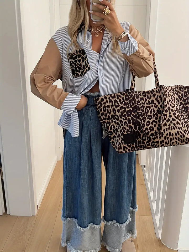Striped Leopard Print Contrast Button-Up Shirt