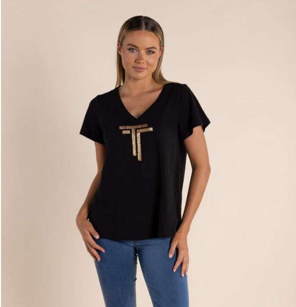 Logo Gold Sequin V- Neck T-shirt