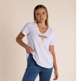 Logo Gold Sequin V- Neck T-shirt