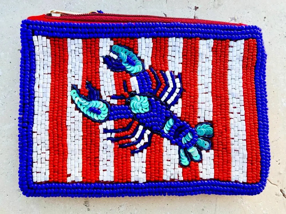 Striped lobster beaded pouch