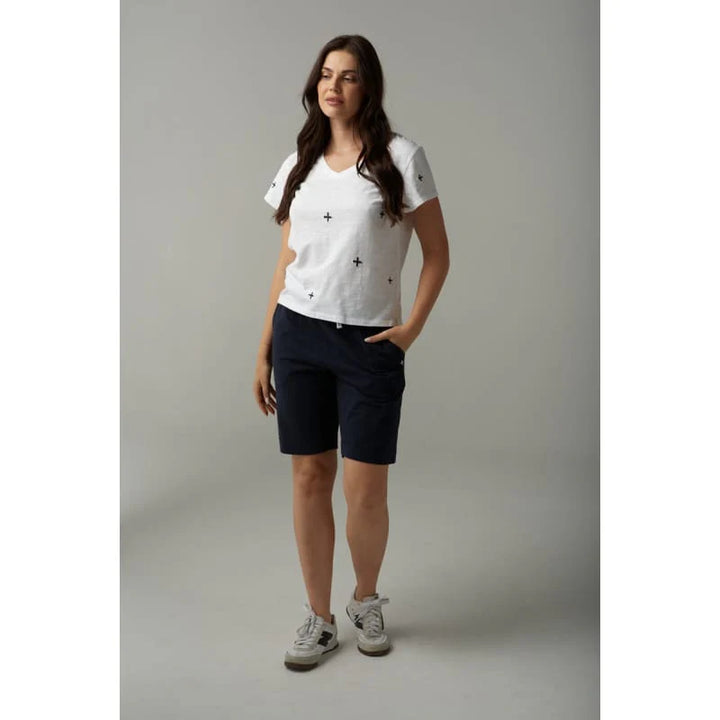 Cross Embroidered V Neck Tee