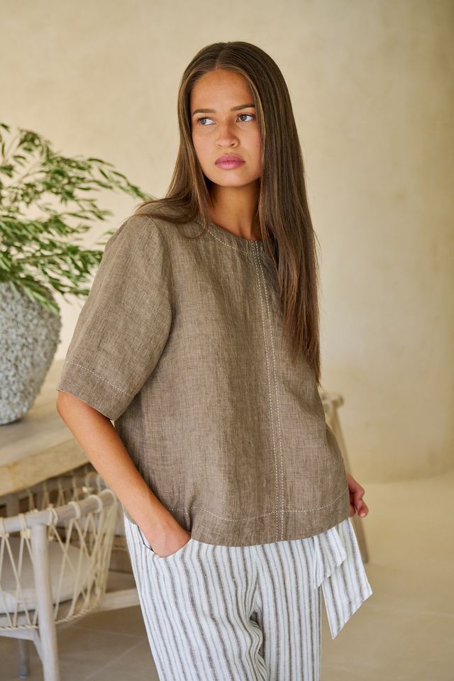 Topstitched Linen Top