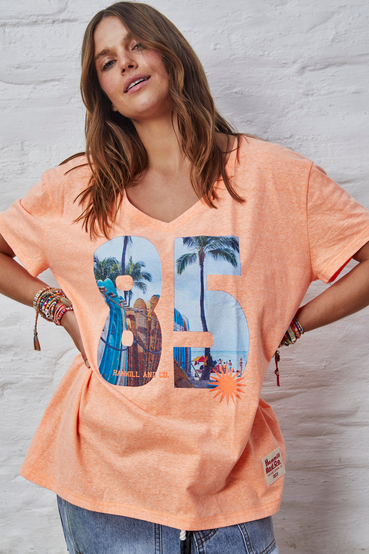 RETRO PALM V NECK TEE - ORANGE