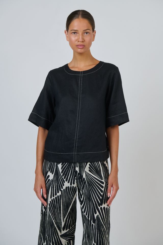 Topstitched Linen Top