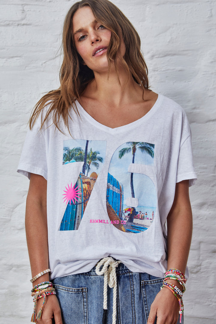 RETRO PALM V NECK TEE - WHITE