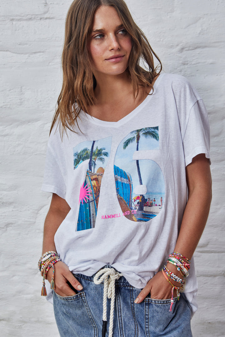 RETRO PALM V NECK TEE - WHITE